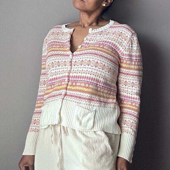 VTG Tiara Cardigan Sweater Fair Isle Pockets Cottagecore Cream Size Petite XL - Picture 2 of 12